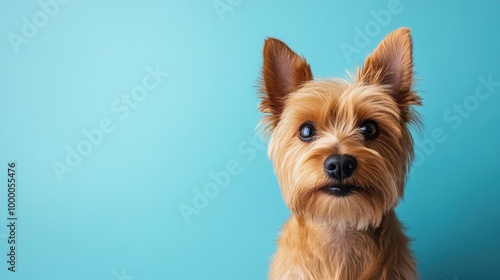 A close-up of a small, fluffy dog with perked ears against a blue background.