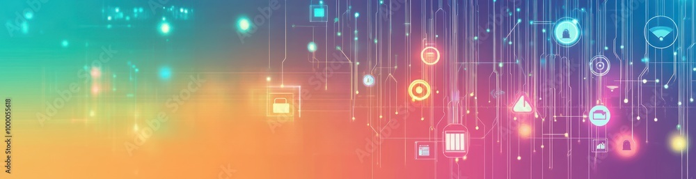Fototapeta premium Abstract digital design with colorful icons and lines representing technology and data.