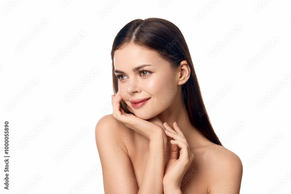 Beautiful young Asian make up woman touching her clean face with fresh healthy skin isolated on white background, beauty cosmetics and facial care concept Beautiful young Asian make up woman touching her clean face with fresh healthy skin isolated on white background, beauty cosmetics and facial care concept