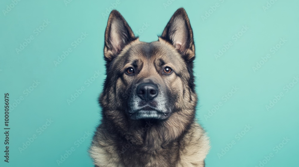 A close-up portrait of a dog with a serious expression against a teal background. A close-up portrait of a dog with a serious expression against a teal background.