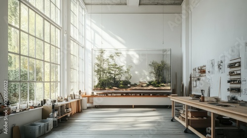 A minimalist loft studio, with the glass box containing a forest scene placed on a wide wooden workbench, surrounded by clean white walls and natural light