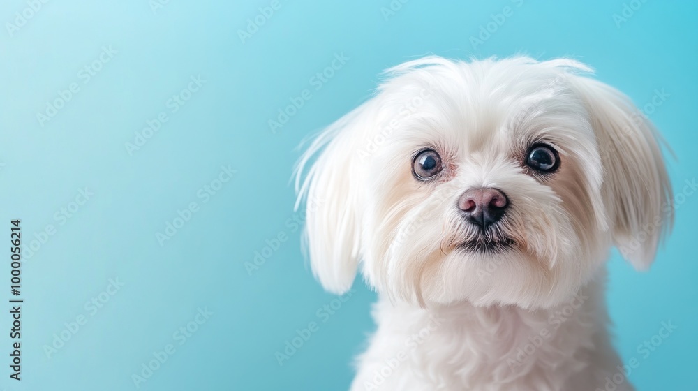A close-up of a fluffy white dog against a soft blue background. A close-up of a fluffy white dog against a soft blue background.