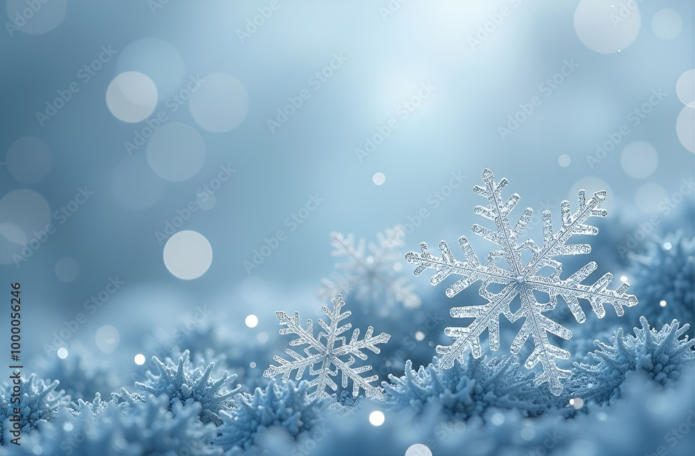 Blue winter blurred background with bokeh and a big snowflake infront Blue winter blurred background with bokeh and a big snowflake infront