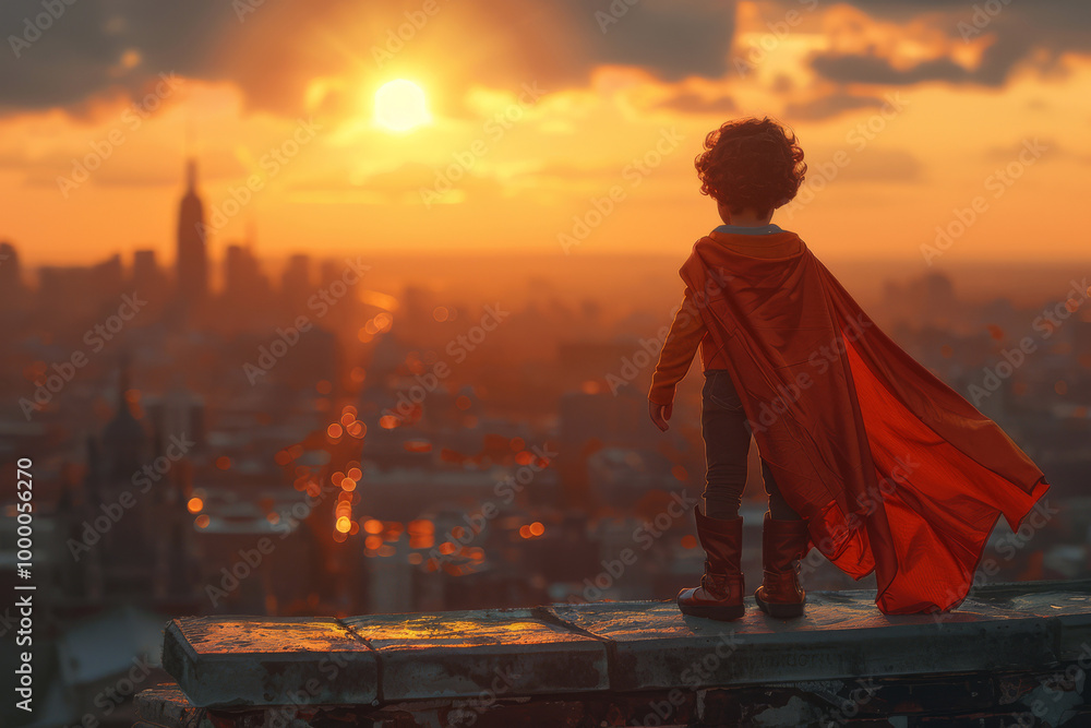 Fototapeta premium A young child stands boldly on a rooftop, dressed as a superhero in a vibrant cape. The stunning sunset casts a warm glow over the city skyline, inspiring dreams of adventure and bravery