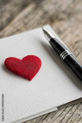 A romantic scene with a heart-shaped token, a pen, and a blank letter on wood...