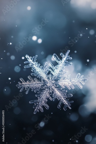 Delicate snowflake glistening against a dark background during a winter night