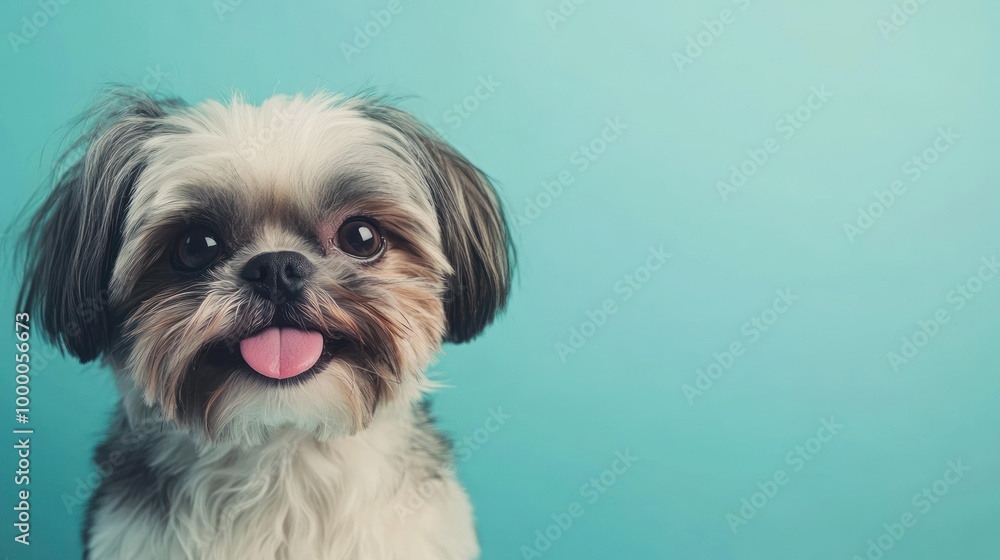 A cheerful dog with a playful expression against a light blue background. A cheerful dog with a playful expression against a light blue background.