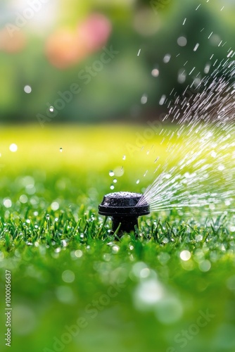 Sprinkler system irrigating lush green lawn on a sunny afternoon in a residen...