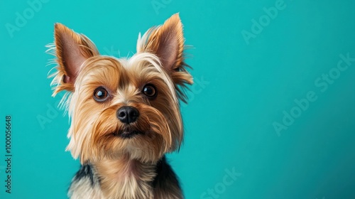 A close-up portrait of a Yorkshire Terrier against a turquoise background.