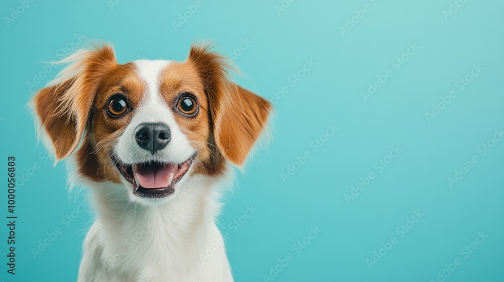 A cheerful dog with a bright expression against a turquoise background. A cheerful dog with a bright expression against a turquoise background.