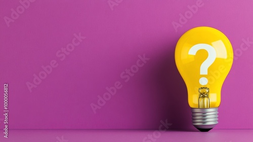 Bright yellow light bulb with a question mark against a purple background for...