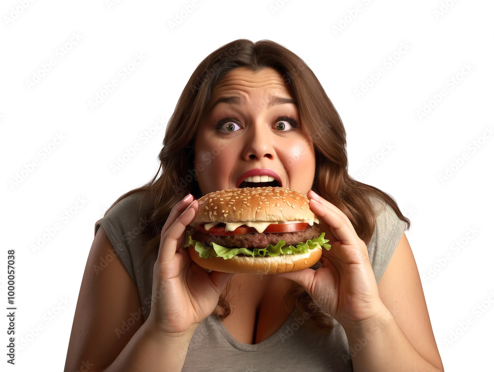 A fat woman is opening her mouth wide to eat a big burger with joy and delight. A fat woman is opening her mouth wide to eat a big burger with joy and delight.