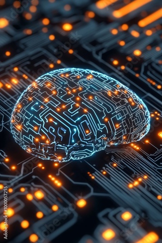 A digital representation of a human brain on a circuit board background with ...