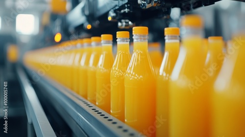 Bottles of orange juice moving along a production line in a busy factory duri...
