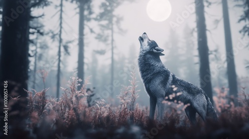 A grey wolf howls under the full moon in a misty forest at night