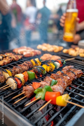 Grilling skewers with colorful vegetables and meat during a sunny afternoon b...