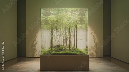 A modern art gallery installation, featuring the glass box on a minimalist pedestal, the miniature forest showcased under a spotlight, drawing all focus to its intricate details