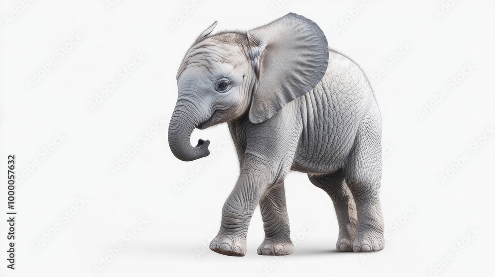 Fototapeta premium side-view, cute young elephant, trunk upwards, on transparency background PNG