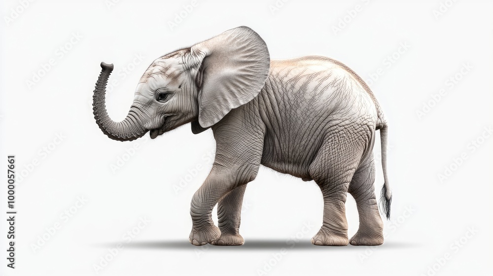Fototapeta premium side-view, cute young elephant, trunk upwards, on transparency background PNG