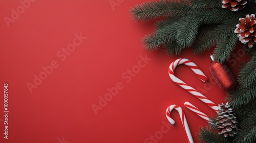 Festive holiday decorations featuring red backdrop, candy canes, and ornament...