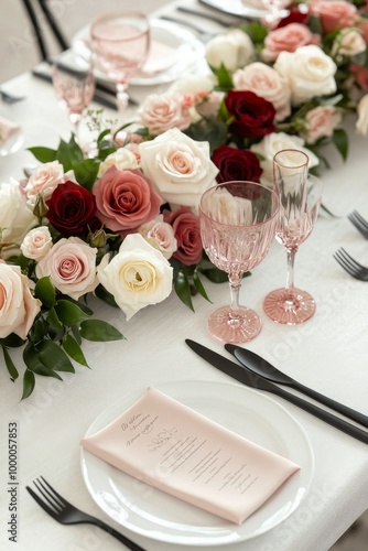 Elegant floral arrangement on dining table with romantic ambiance and soft pa...