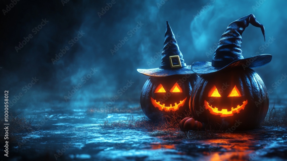 Fototapeta premium Glowing Jack-o'-Lanterns with Witch Hats in a Spooky Halloween Forest