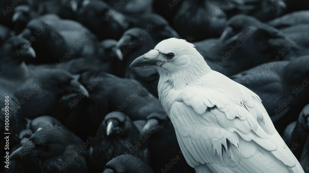 Distinctive white bird in a sea of black birds. Distinctive white bird in a sea of black birds.