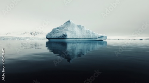 Large icebergs float in calm waters beneath a cloudy sky in a remote polar re...