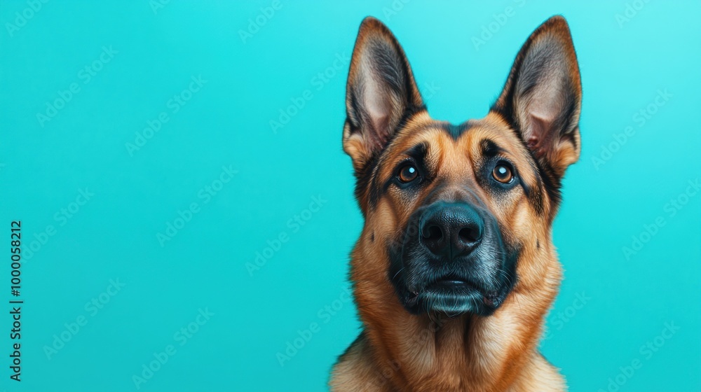 A close-up portrait of a German Shepherd against a vibrant turquoise background.