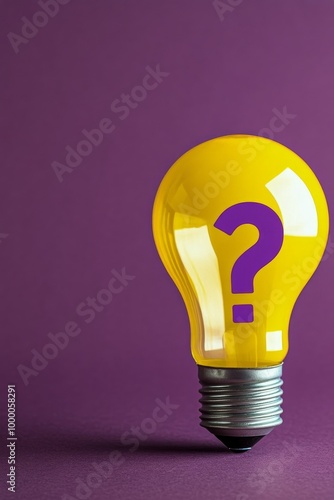 Yellow light bulb with question mark on purple background representing creati...