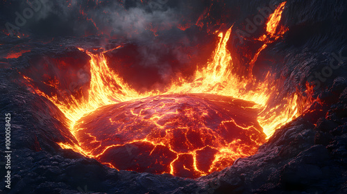 Realistic lava podium in an active volcanic crater. Volcanic Crater. Illustration