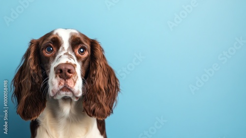 A close-up of a brown and white dog against a blue background, showcasing its expressive eyes.