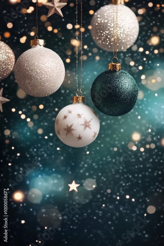 Elegant Christmas ornaments in shimmering colors hanging against a festive, s...