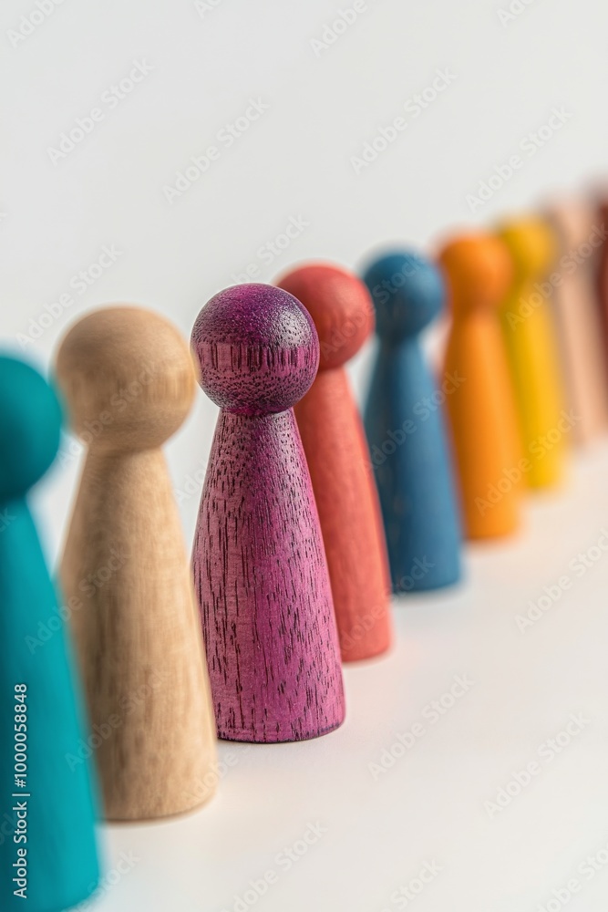 Colorful wooden figures lined up on a white surface showcasing diverse shapes and hues Colorful wooden figures lined up on a white surface showcasing diverse shapes and hues