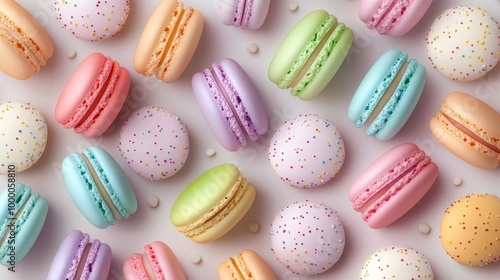 Colorful macarons arranged beautifully on a pastel background for a delightfu...