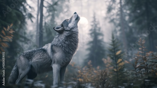 A grey wolf howls under the full moon in a misty forest at night
