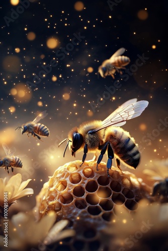 Bees collecting nectar from a honeycomb with a golden glow in a vibrant garde...