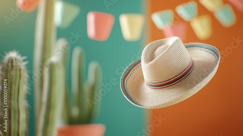 A straw hat floating above colorful cactus pots in a vibrant garden setting d...