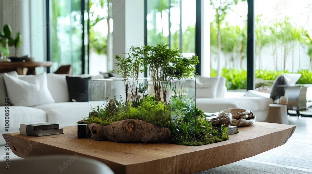 A modern coastal retreat, with the forest in the glass box placed on a wide wooden coffee table, the greenery contrasting with the beach house's white interior A modern coastal retreat, with the forest in the glass box placed on a wide wooden coffee table, the greenery contrasting with the beach house's white interior