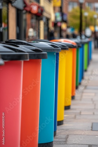 Colorful row of waste bins lining the walkway in a vibrant urban street durin...