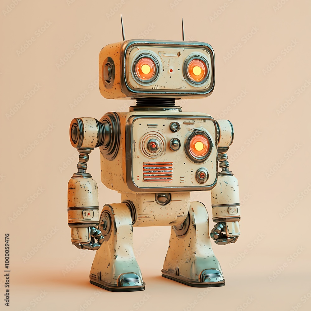 Fototapeta premium A vintage robot toy stands on a beige background, its eyes alight with curiosity.