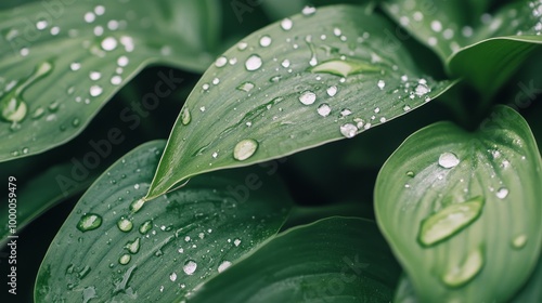 Fresh green leaves glisten with droplets of water after a gentle rain shower ...