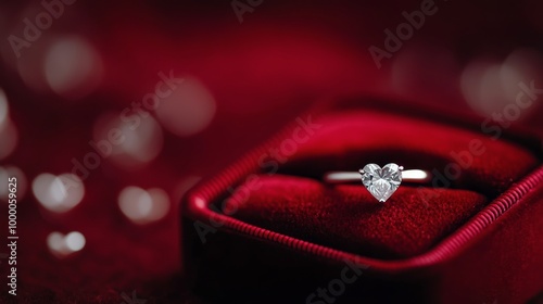 Elegant heart-shaped diamond ring displayed in a luxurious red velvet box for...