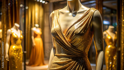 A shimmering gold dress draped on a mannequin, golden dress, fashion elegance