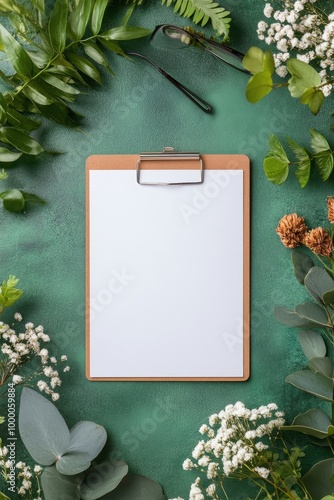 Blank clipboard with a pen surrounded by flowers on a green background for cr...