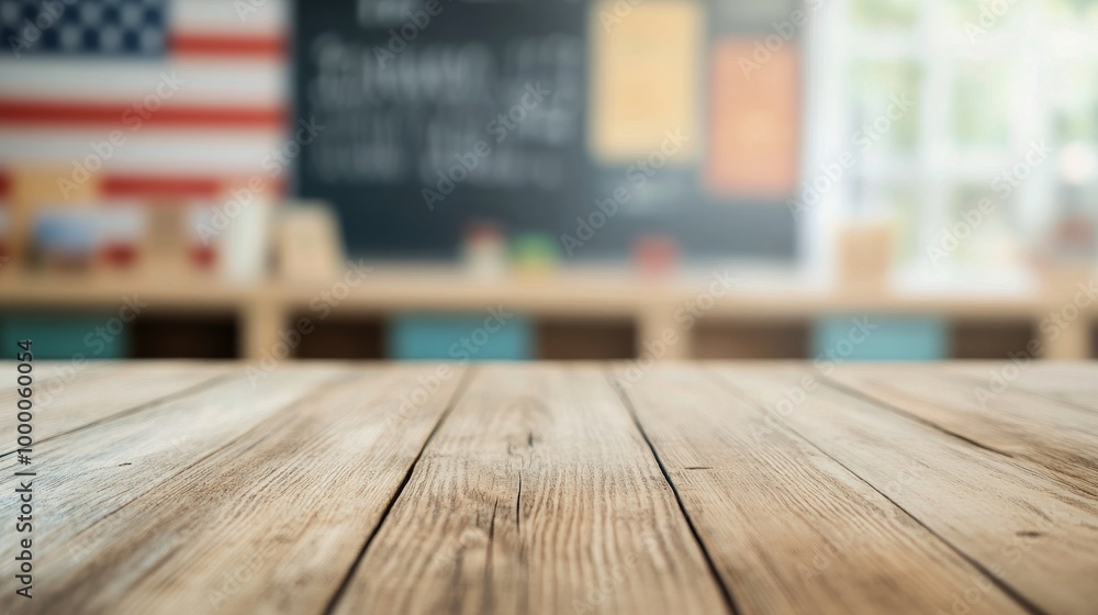 Wooden tabletop in a classroom with chalkboard and American flag in the background Wooden tabletop in a classroom with chalkboard and American flag in the background