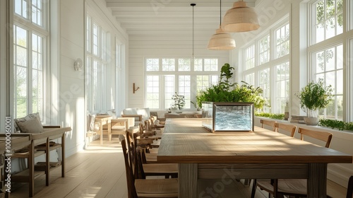 A modern farmhouse dining room, the ocean-filled glass box positioned on a large wooden table, surrounded by white walls and natural light from nearby windows