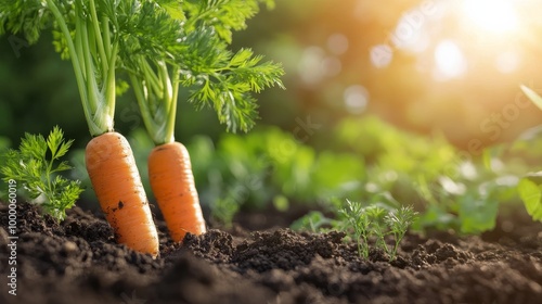 Freshly harvested carrots stand tall in a flourishing urban garden during gol...