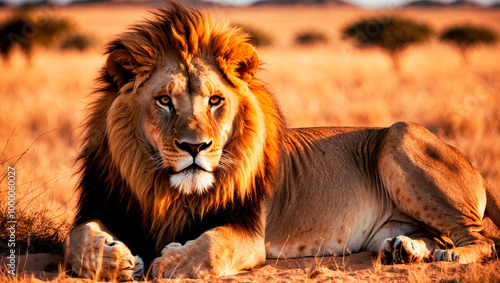 A proud lion lies on rest in the savannah. photo