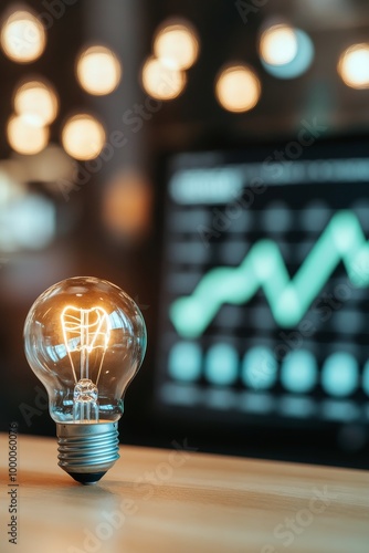 Light bulb illuminated with abstract data visualization and upward trend in a...